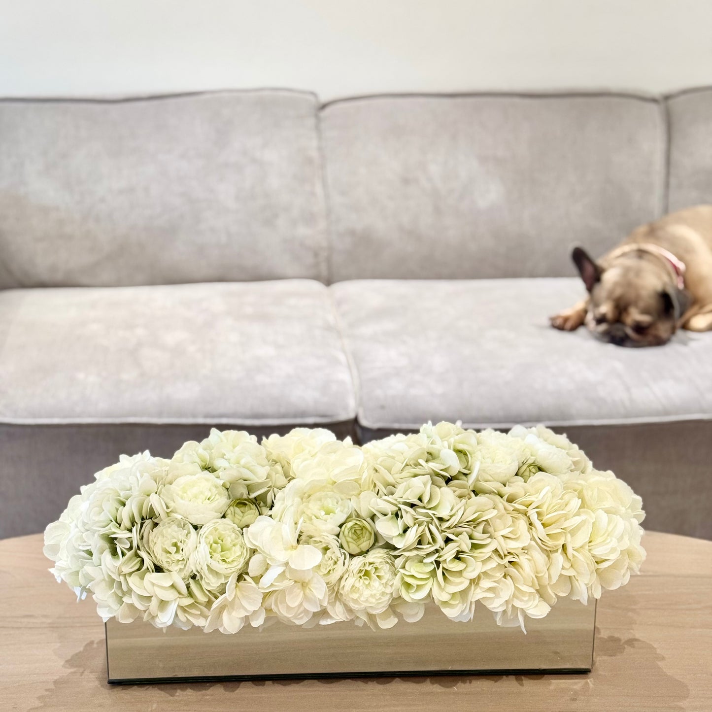 Cream Ranunculus and Hydrangea Arrangement