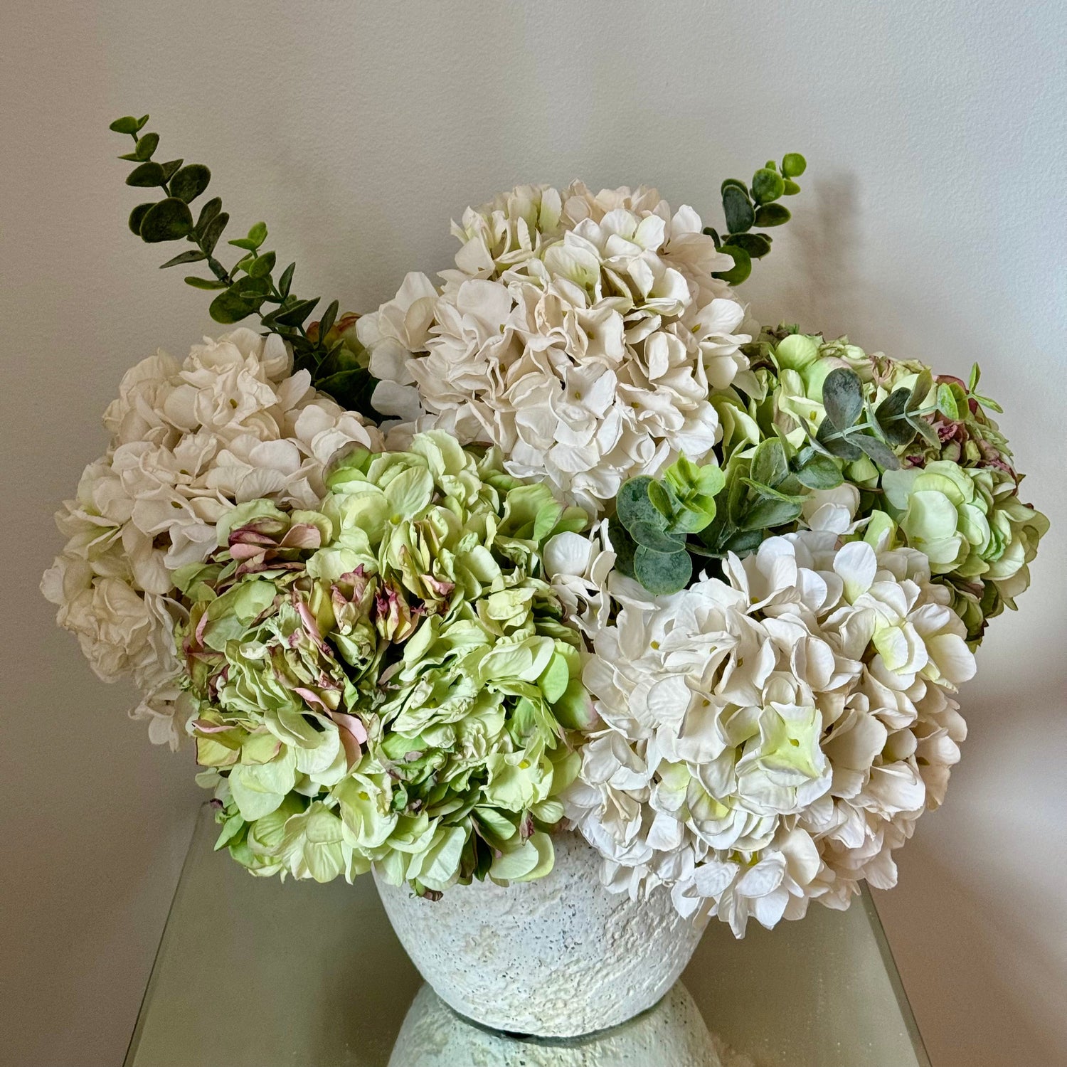 A large multi colour faux hydrangea arrangement, made by hand in my Toronto studio.