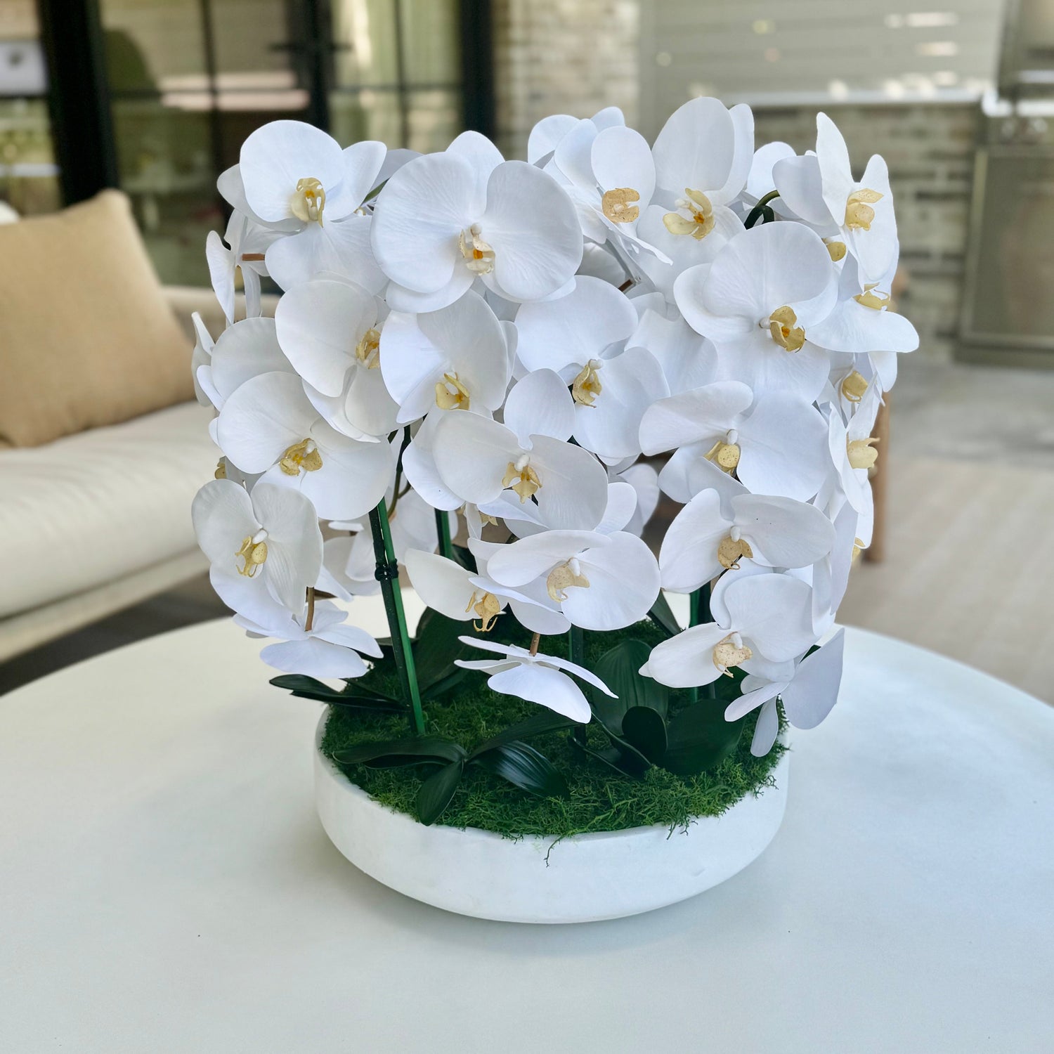 White phalaenopsis orchids filling a low white bowl with moss, on a table in a living room.