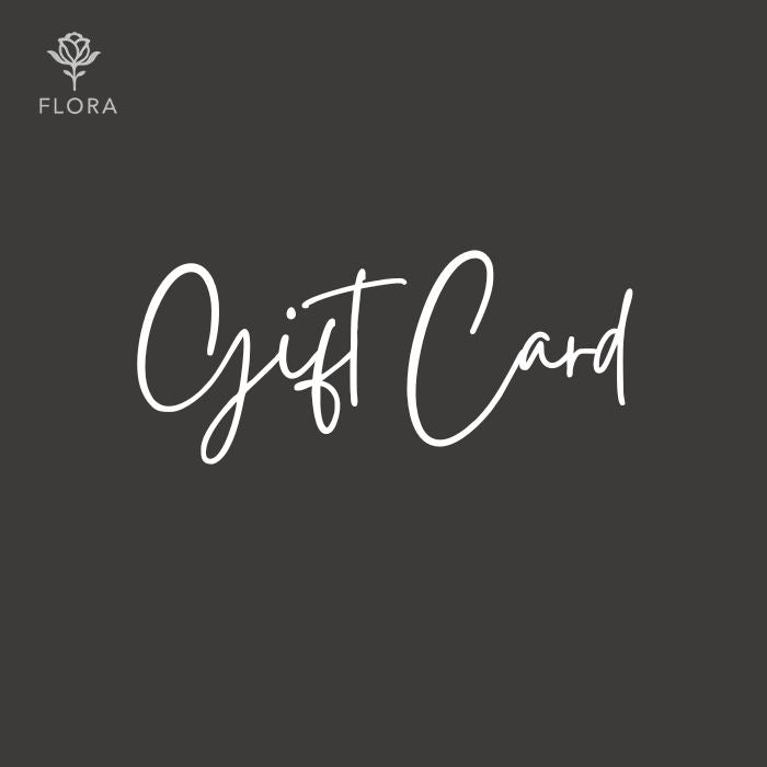 Flora gift card, the studio's rose logo and the words Gift Card in white on a charcoal background.