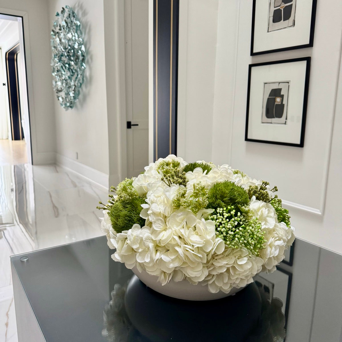 White hydrangea & dianthus — modern hallway